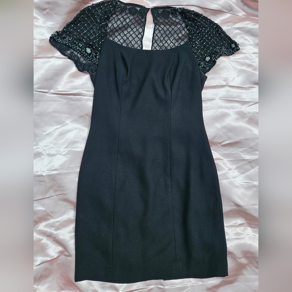 Chic Black Mini Dress with Beaded Mesh Sleeves